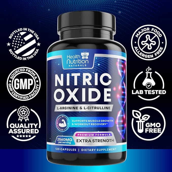 Extra Strength Nitric Oxide Supplement L Arginine 3X Strength - Citrulline Malate, AAKG, Beta Alanine - Premium Muscle Supporting Nitric Booster for Energy & Strength to Train Harder - 120 Capsules