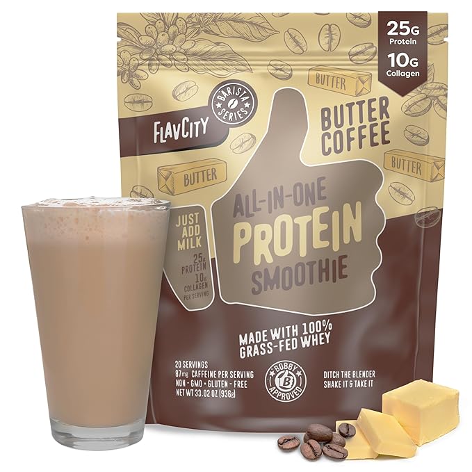 FlavCity Protein Powder Smoothie, Butter Coffee 100% Grass-Fed (25g of (33.02 oz)