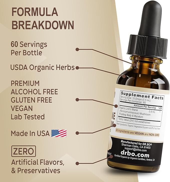 Lions Mane Mushroom Supplement Drops - Organic Lion's Mane Mushroom Liquid Tincture for Focus, Fog, Brain Health Supplements - Vegan Herbal Nervine, Nootropic Organic Lions Mane Supplement Extract 1oz