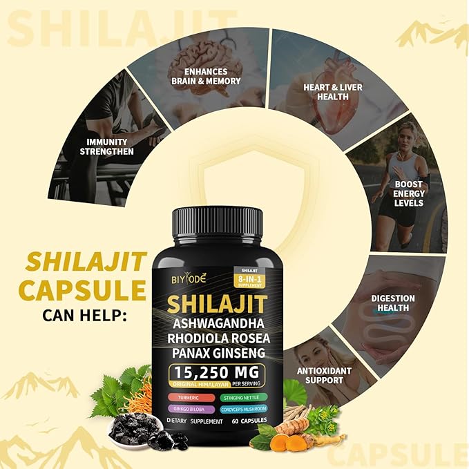 Shilajit Capsules Himalayan 8-in-1 Concentrated Organic, 15250mg of 60 Caps, 30 Day