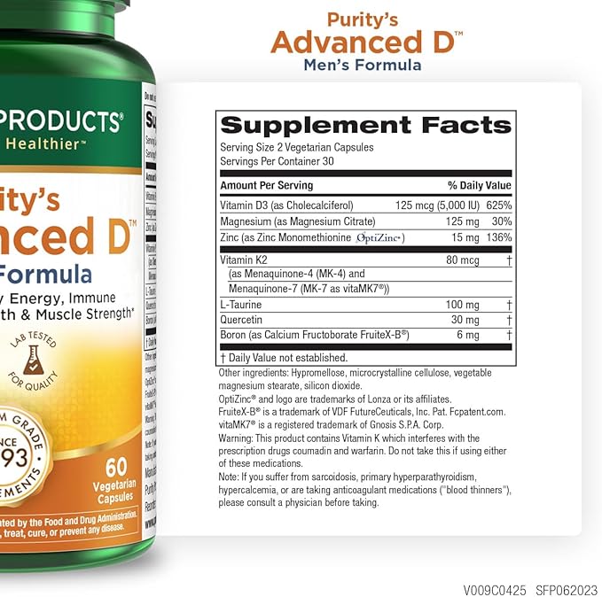 Purity Products Dr. Cannell's Advanced Vitamin D Men's Formula Packed with Vitamin D, Vitamin K2, Zinc, Magnesium Citrate, Boron and Taurine - 60 Vegetarian Capsules