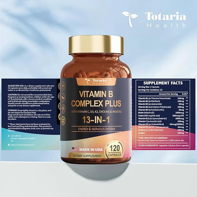 13-in-1 Vitamin B Complex Plus B1, B2, B2, B3 B3 (Niacinamide), B4, B5, B5, B6, B6, B7 B7 (Biotin), B8 (Inositol), B9 (Folate), B12, C, D3, K2 K2 - 120 Vegan