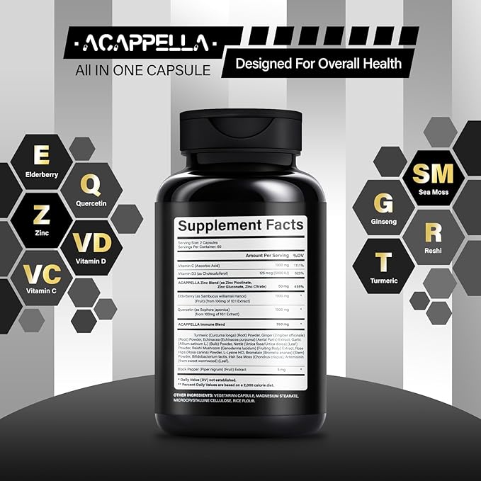 ACAPPELLA Quercetin, Zinc, Vitamin C, Vitamin D3, Elderberry Capsule - Boosters for Adults with Turmeric, Ginger Root, Nettle, Reishi Mushroom, L-Lysine Hydrochloride, Bromelain (1)