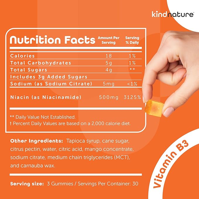 Kind Nature Vitamin B3 Niacin Gummies 500mg Supplement 3rd Party 1 Month 90 Chewable