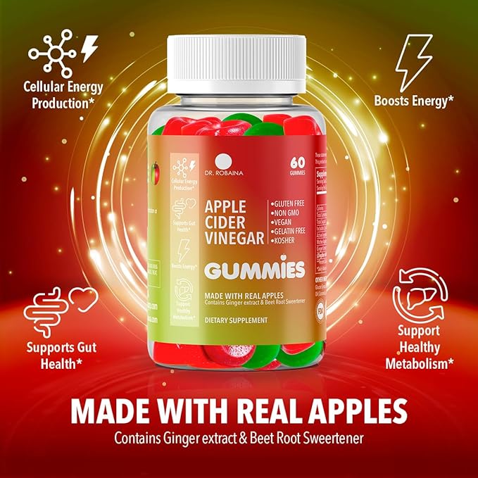 Dr. Robaina Apple Cider Vinegar Gummies – Supports Metabolism & Digestive Health – Vegan, Non-GMO, Gluten-Free – Made in USA