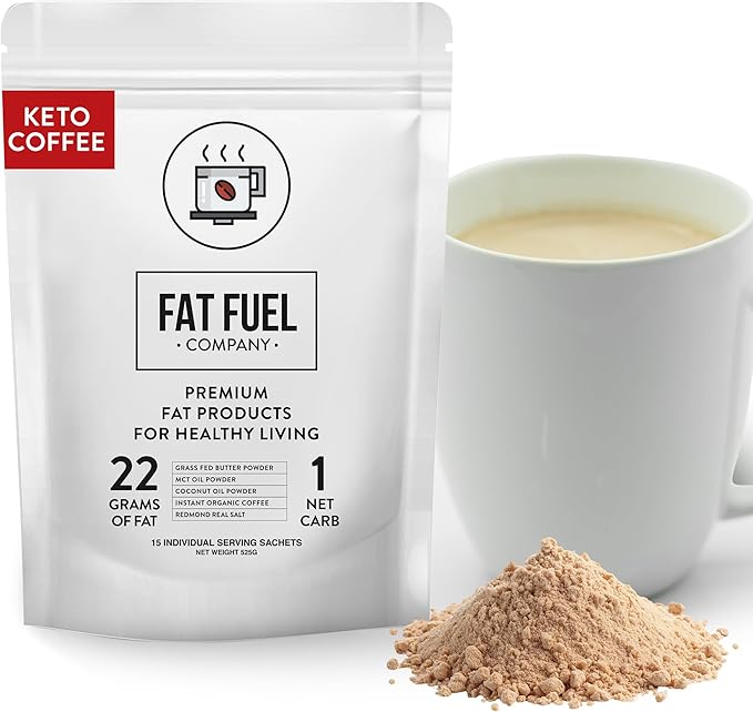 FAT FUEL Keto Coffee 22g Premium Fats - With Grass Fed Butter, MCT Oil, Coconut & Redmond Real Salt - Instant Organic Coffee, One Net Carb, A True Meal Replacement - 15 Servings