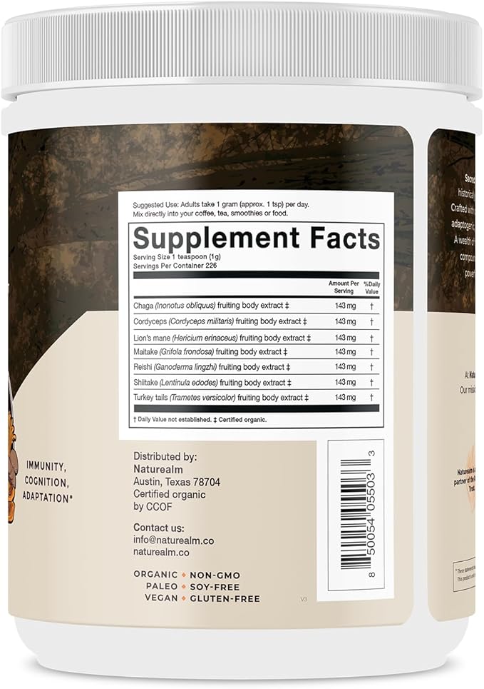 Naturealm Sacred 7 Mushroom Powder Supplement – Boost Immunity, Focus, Vegan, Non-GMO – Lion’s Mane, Cordyceps, Reishi, Chaga, Maitake, Shiitake – Organic Fruiting Bodies, 7-Month Supply