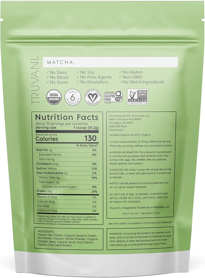 Truvani Vegan Pea Protein Powder 20g Organic 10 Servings
