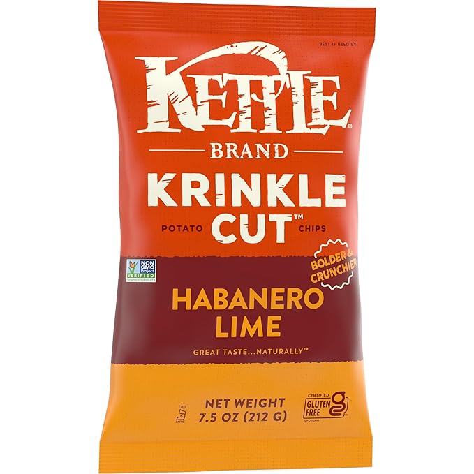 Kettle Brand Potato Chips, Krinkle Cut, Habanero Lime Kettle Chips, 7.5 Oz (Pack of 12)