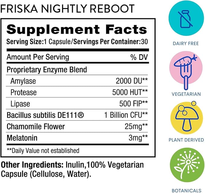 FRISKA Nightly Reboot Enzyme and Probiotics Supplement, Promotes Better Digestion and Sleep, Supports Gut Health for Men and Women, Melatonin, Chamomile, 30 Capsules