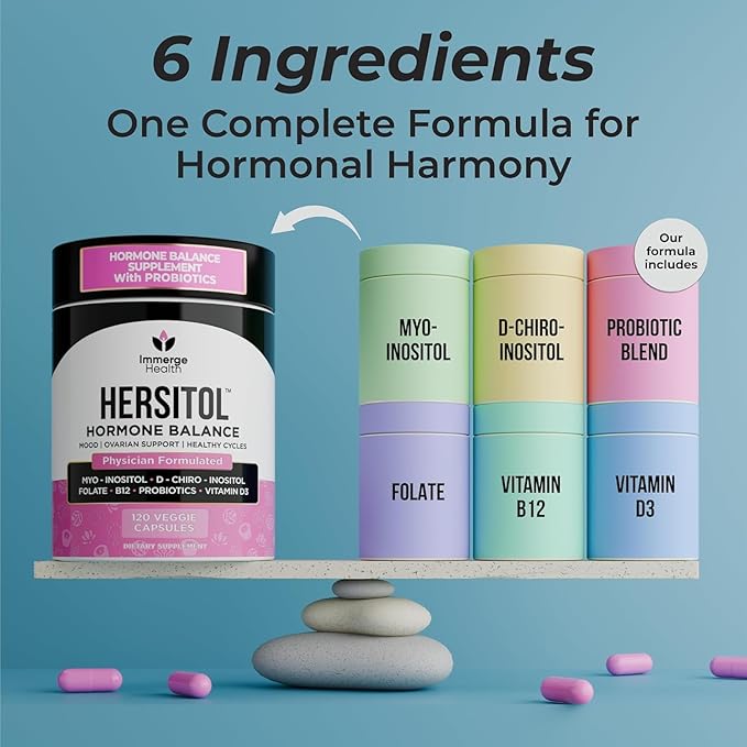 Hormone Balance for Women, PCOS, Ovarian Support, Fertility, Menstrual Cycle | Myo-Inositol & D-Chiro Inositol Supplement 40:1 Ratio With Folic Acid, B12 & Probiotics | Female Vitamins 30 Capsules