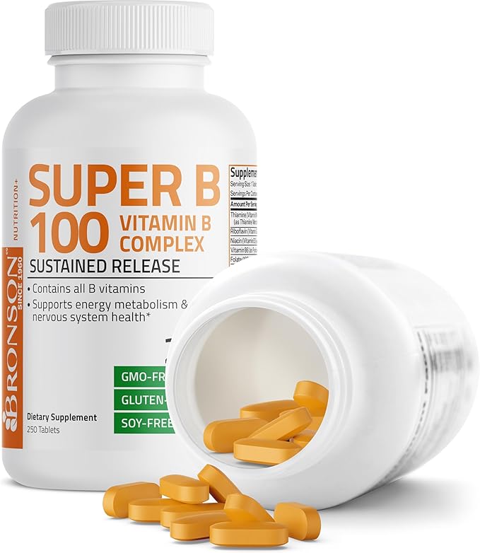 Bronson Super B 100 Vitamin B B1, B2, B2, B3, B3, B6, B6, B9 B9 - B12) Supports 250 Tablets