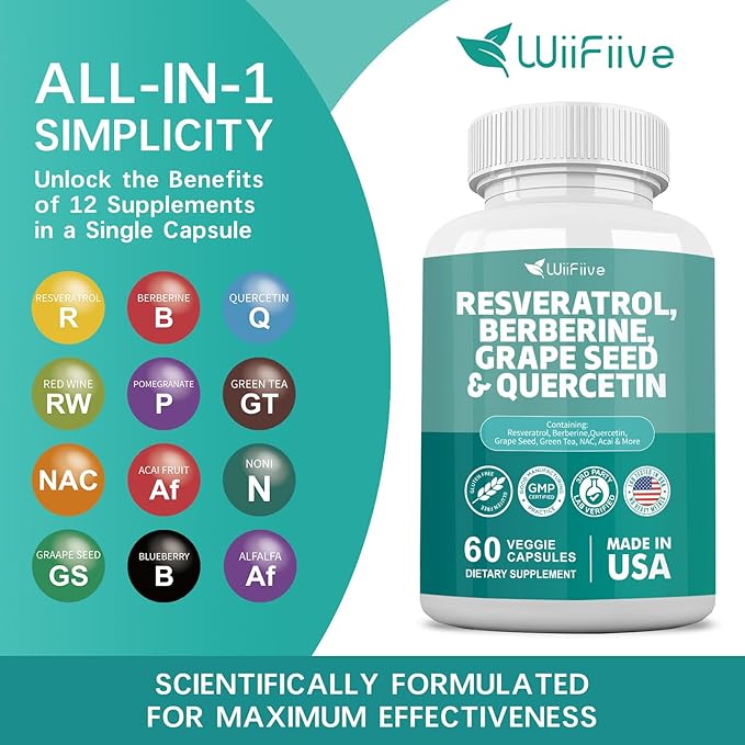 New Resveratrol 6000mg Berberine 3000mg Grape 3000mg Quercetin 4000mg,Polyphenol Supplement 60 Capsules