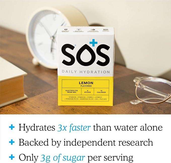 SOS Hydration Electrolyte Powder Drink Packets; Daily Hydration & Energy; Added Essential Vitamins; Low Sugar: 24 Servings