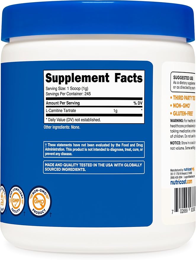 Nutricost L-Carnitine Tartrate 1000mg, 120 Capsules - 500mg Per Capsule (60 Servings)
