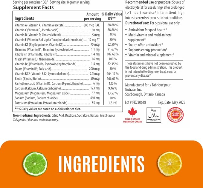 Advance Electrolytes w/Key Nutrients, Minerals & Vitamins | Antioxidant | Pre&Post Workout Hydration Solution | Boost Energy | Helps Body Hydrate During Physical Activities | Made in Canada