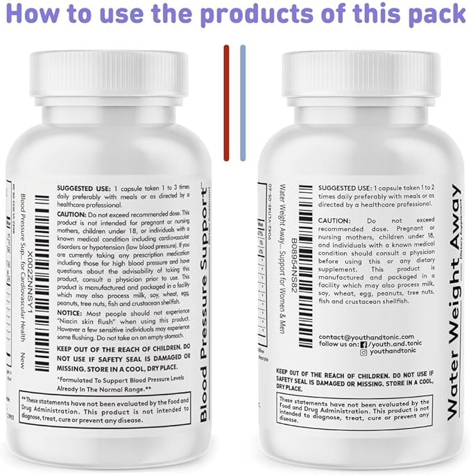 Youth & Tonic Daily Water Weight Away Pills and Blood Pressure Support Supplements/Natural Diuretics for Water Retention & BP Capsules to Maintain a Good Circulatory Health / 60 CPS for Women & Men