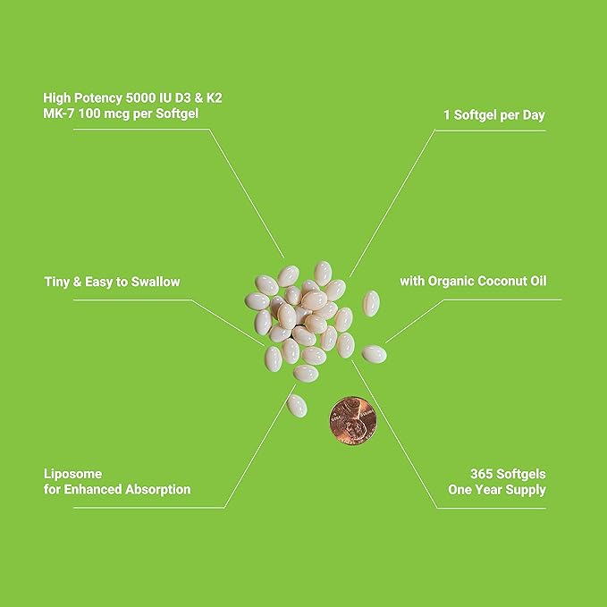UpNourish Liposomal D3 & K2 MK-7, 5000 IU 125 mcg D3 and 100 mcg k2 with 365 Mini