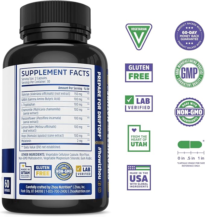 Zhou Drift Off Premium Sleep Aid 30 Servings, 60 Veggie
