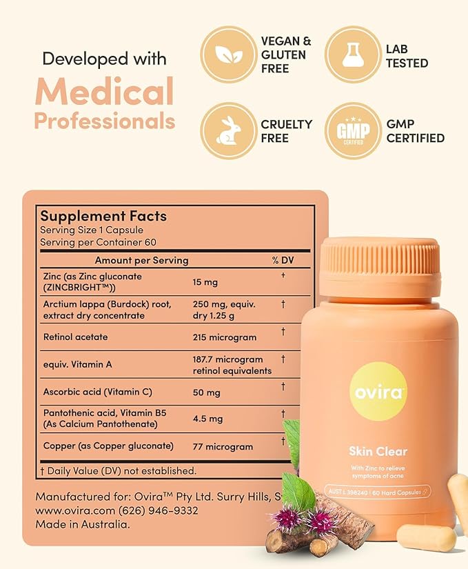 Ovira Skin Clear with ZINCBRIGHT - 60 Capsules for Clear and Glowing Skin | Rosacea & Hormonal Acne Treatment | Support Collagen Production | Acne Supplements for Women & Men - Pack of 2