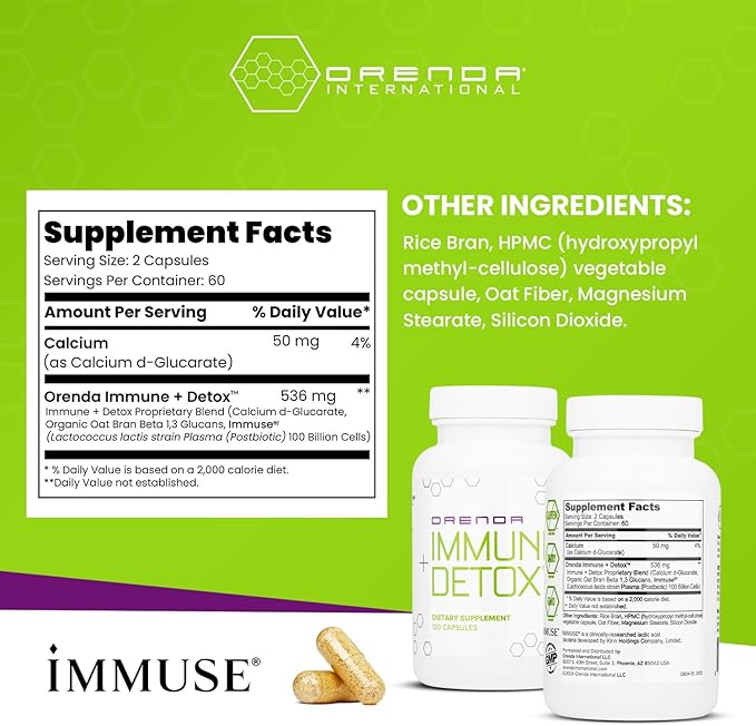 Orenda Immune + Detox - Specialized Formula with Calcium d-Glucarate, Beta 1,3 Glucans & IMMUSE® for Wellness and Balance - 120 Capsules