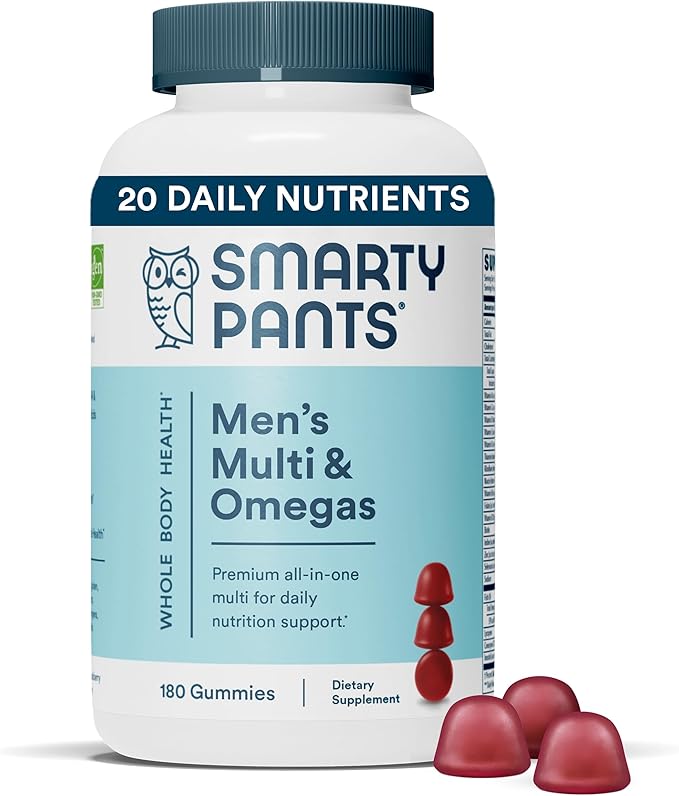 SmartyPants Multivitamin for Men, Gummies: Omega 3 Fish CoQ10, Vitamin D3, C, B12, B6, B6, Vitamin 180 Gummies (30 Day