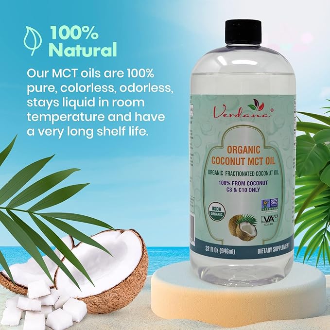 Verdana USDA Certified Organic Coconut MCT Oil –Fractionated Coconut Oil – No Palm Kernel Used – Kosher, Food Grade, Non-GMO – Great for Keto and Paleo Diets, Oil Pulling Rinse Mouthwash – 32 Fl Oz