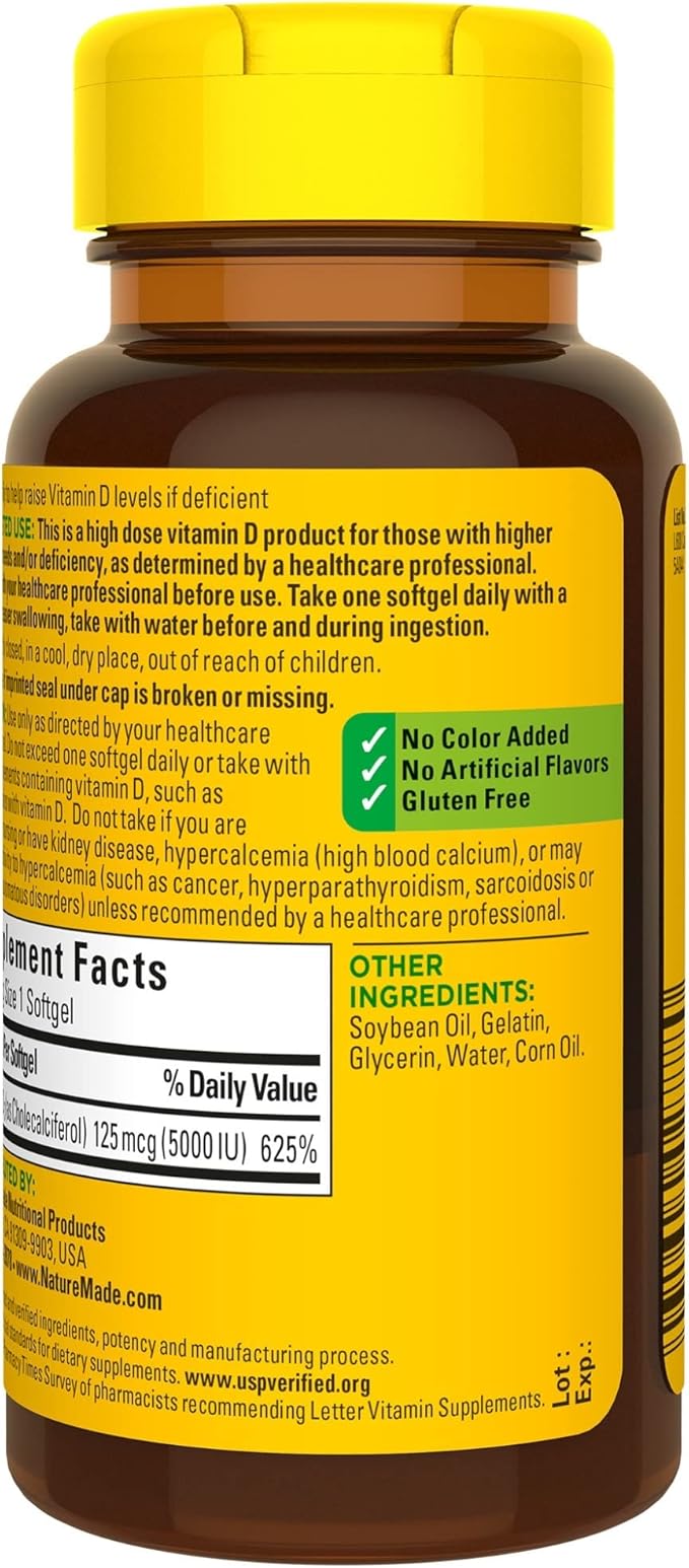 Nature Made Extra Strength Vitamin D3 5000 IU (125 mcg), 180 Softgels, 180 Day