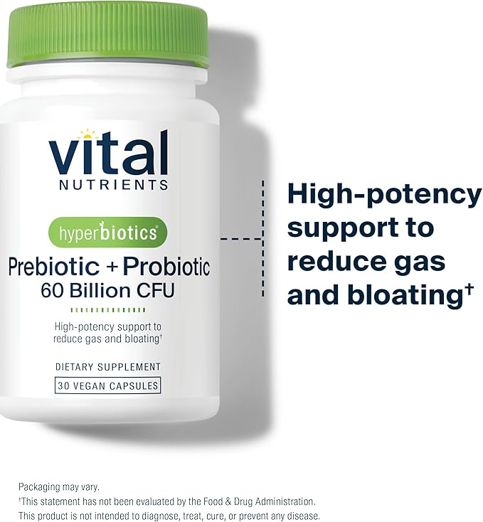 Hyperbiotics Vital Nutrients Prebiotic + Probiotic 60 Billion CFU (Prev. Pre+Pro 60B) | High-Potency Immune & Upper Respiratory Probiotic | Reduce Gas & Bloating | Shelf-Stable | Vegan | 30 Capsules