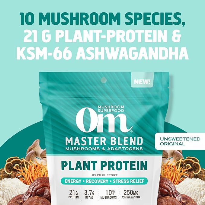 OM MUSHROOM SUPERFOOD Master Blend Mushroom Plant-Based Protein, 17.07 oz, 16 Servings Unsweetened Original