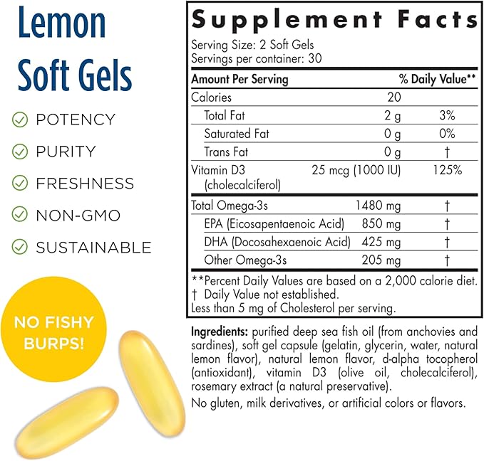 Nordic Naturals Ultimate Omega-D3 Sport, Lemon 60 Soft 1480 mg Omega-3 + 1000 IU D3 - 30 Servings