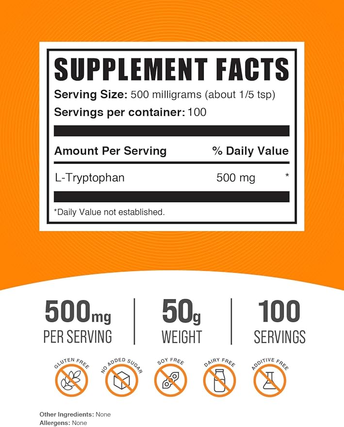 BulkSupplements.com L-Tryptophan Powder 500mg, Tryptophan 500mg per 50g (1.8 (1.8 oz) 1)