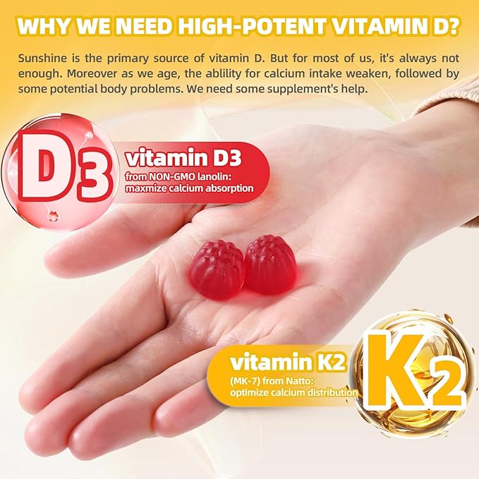 Vitamin D3 K2 Gummies Sugar Free, K2 D3 Vitamin Supplement 9000 IU for Adult Women Muscle Teeth Immune Support 90 Counts, Peach Flavor