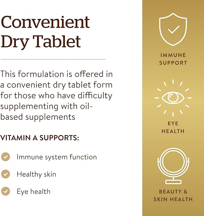 SOLGAR Dry Vitamin A 1500 mcg (5000 IU), 100 Tablets 100 Servings 2)