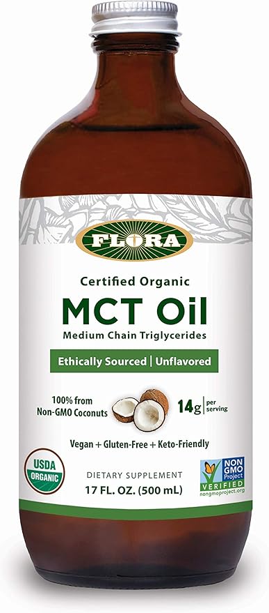 Flora Health MCT Oil Organic Energy Boost, C8 Caprylic & C10 Capric Acids, Keto, Kosher, Non-GMO Verified, 100% from Ethically and Sustainably Sourced Coconuts, 17 Fl Oz Liquid, Glass Bottle