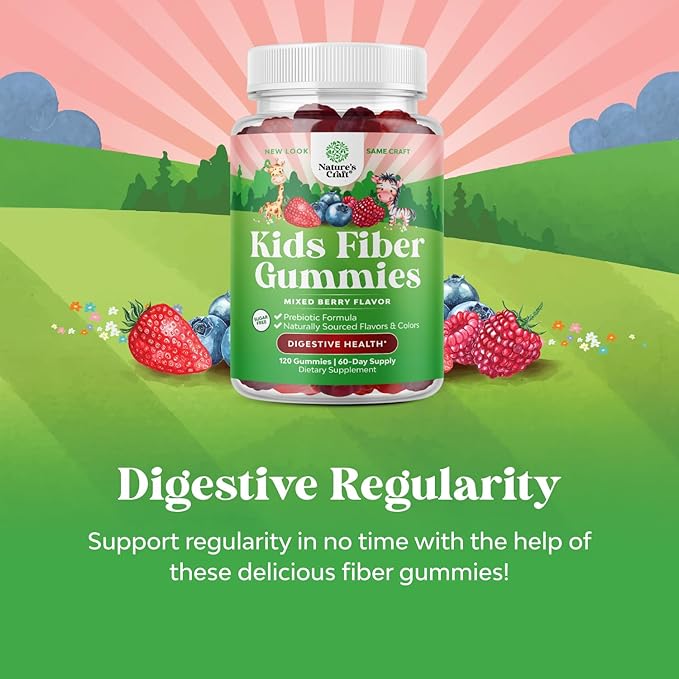 Sugar Free Fiber Gummies for Kids - Delicious Prebiotic Kids Fiber Gummies for Constipation Digestive Support & Immunity - Non-GMO Vegan Chicory Root Soluble Fiber Supplement for Kids Digestive Health