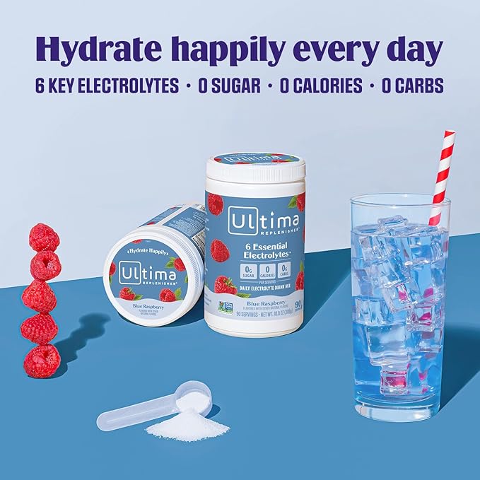 Ultima Replenisher Daily Electrolyte Powder Drink Mix – Blue Raspberry, 90 Servings – Hydration Powder with 6 Electrolytes and Minerals – Keto Friendly, Vegan, Non-GMO and Sugar-Free