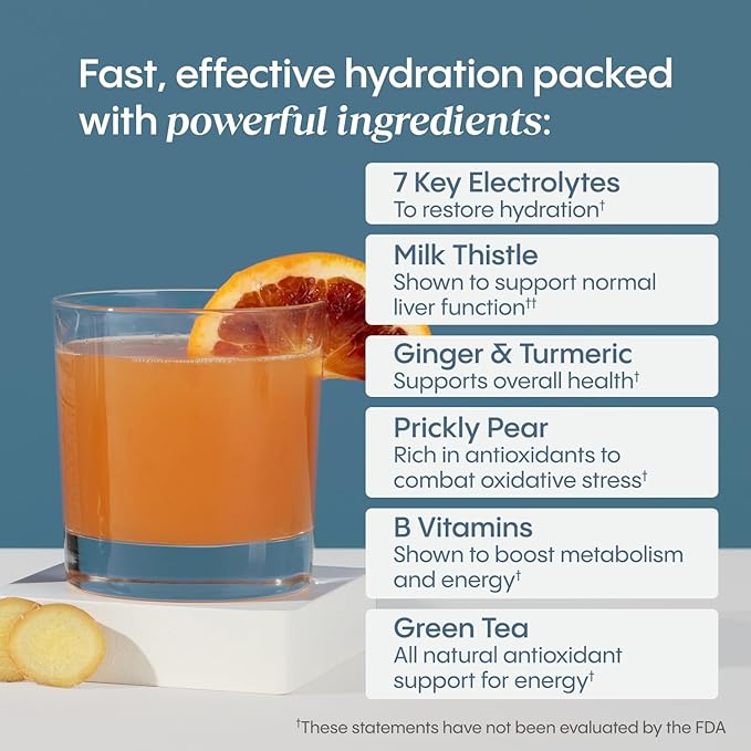Hydralyte Liver Support + Electrolyte Mix with Milk Thistle, Turmeric, Ginger, Prickly Pear, Green Tea Extract Formulated for Rapid Rehydration (Blood Orange Ginger, 20 Packets)