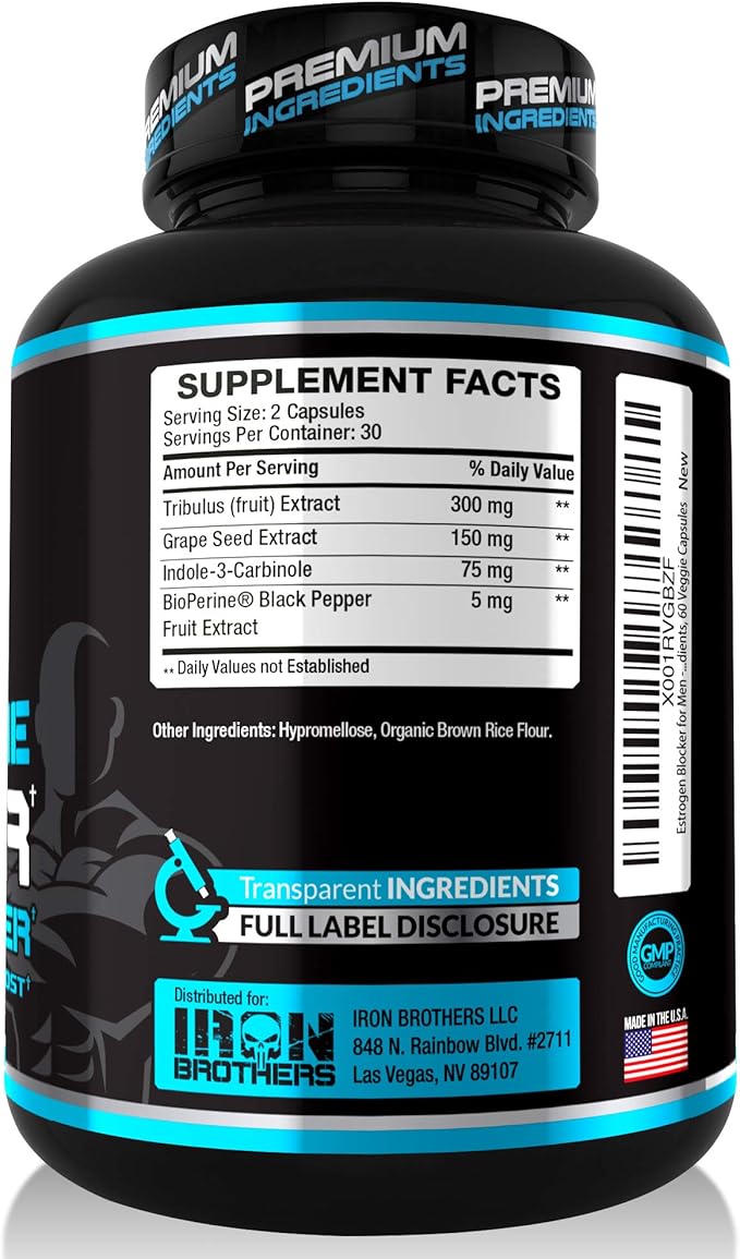 Iron Brothers Supplements Testosterone Booster for Men with Estrogen Blocker - Anti-Estrogen Dietary Supplements - Grape Seed & Tribulus Terrestris – Pack of 60 Capsules – Muscle Growth Boost - 30 day