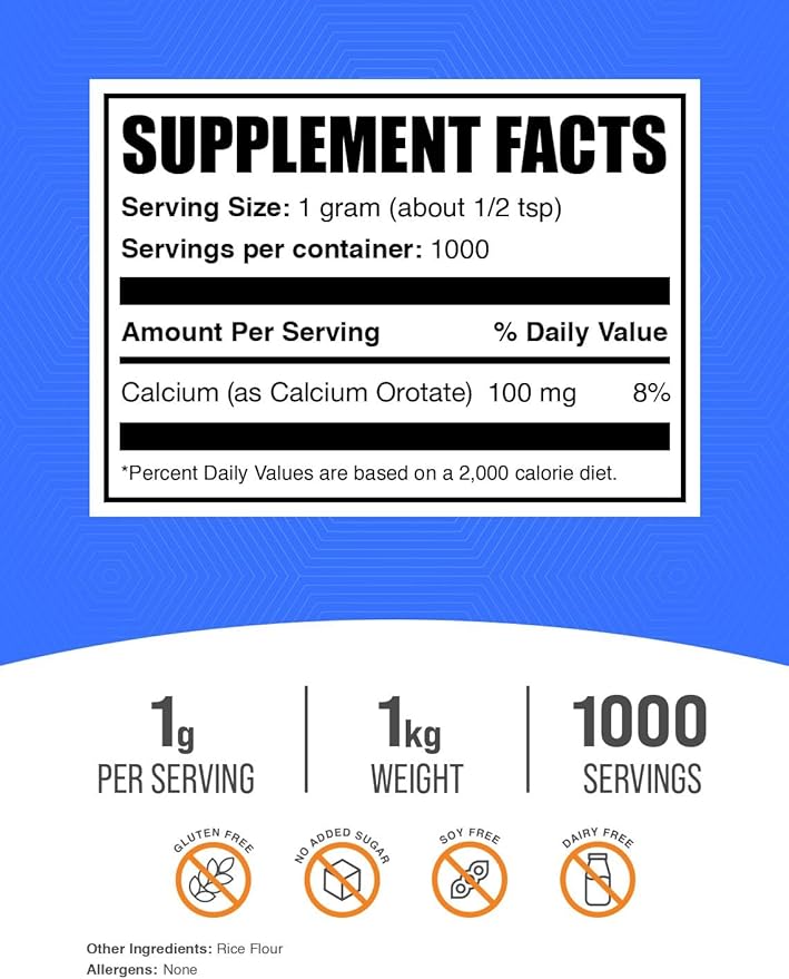 BulkSupplements.com Calcium Orotate Powder - Calcium Powder Supplement, Calcium Orotate Supplements - Gluten Free, 1000mg (100mg Calcium) per Serving, 1kg (2.2 lbs) (Pack of 1)