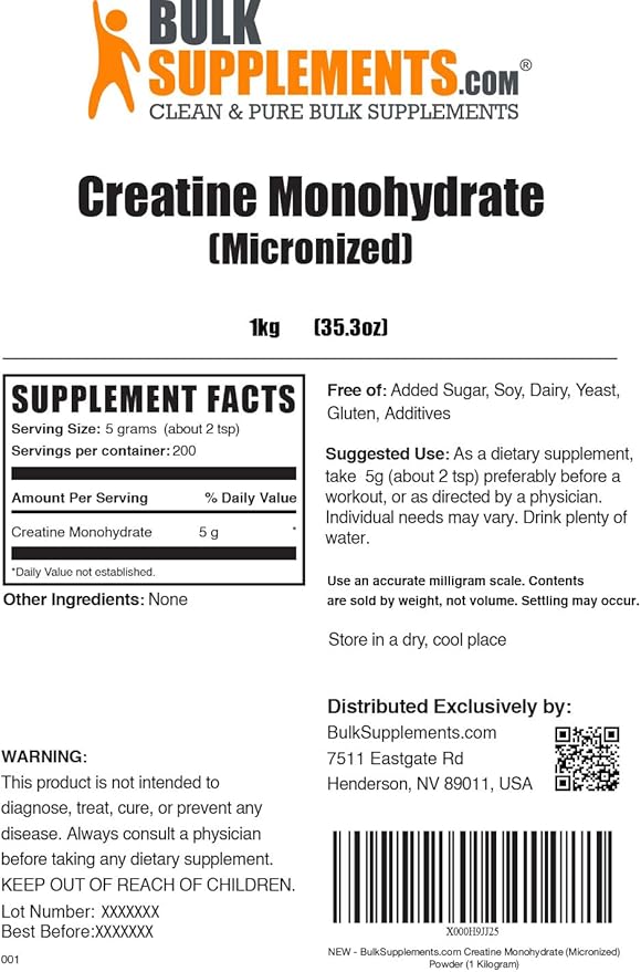 BulkSupplements.com Creatine Monohydrate Powder 1kg, Creatine 5g (5000mg) (5000mg) per 1kg (2.2 (2.2 lbs) 1)
