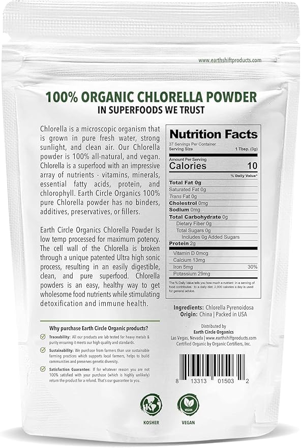 Earth Circle Organics Organic Chlorella Powder Superfood | Kosher | Broken Cell Wall Chlorophyll, Vegan, Super Green Algae, Clean Chlorella, High in Protein, Fiber & Amino Acids - 4oz