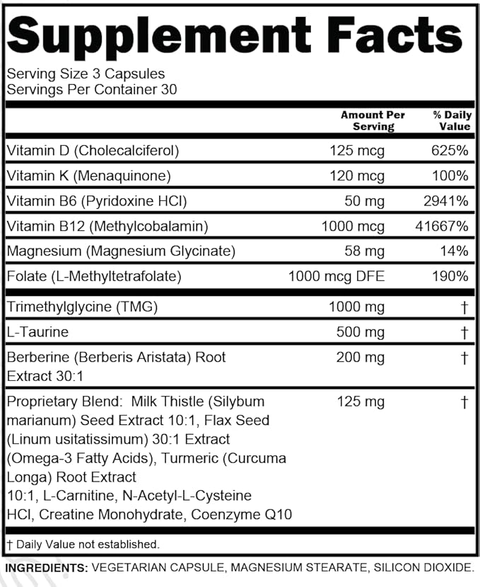 Clean Nutra TMG Taurine Supplement B6 Vitamins, B12, D3 D3 K2, K2, Berberine, 3 Turmeric COQ10 & 90 Ct