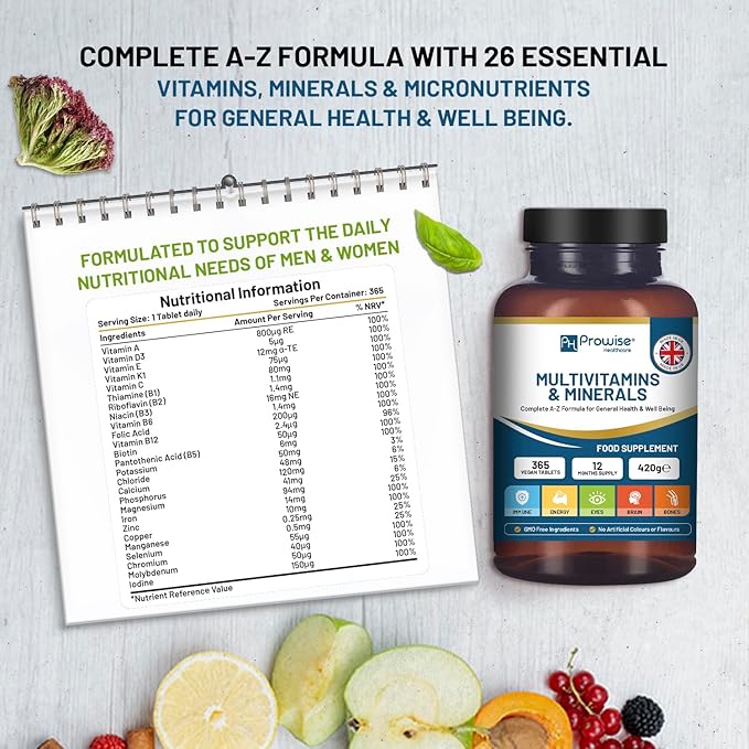 A-Z Multivitamins & Minerals I 365 Vegan Tablets (1 Year Supply) I 26 Essential Active Vitamins, Minerals & Micronutrients for Men and Women I Made in The UK by Prowise Healthcare