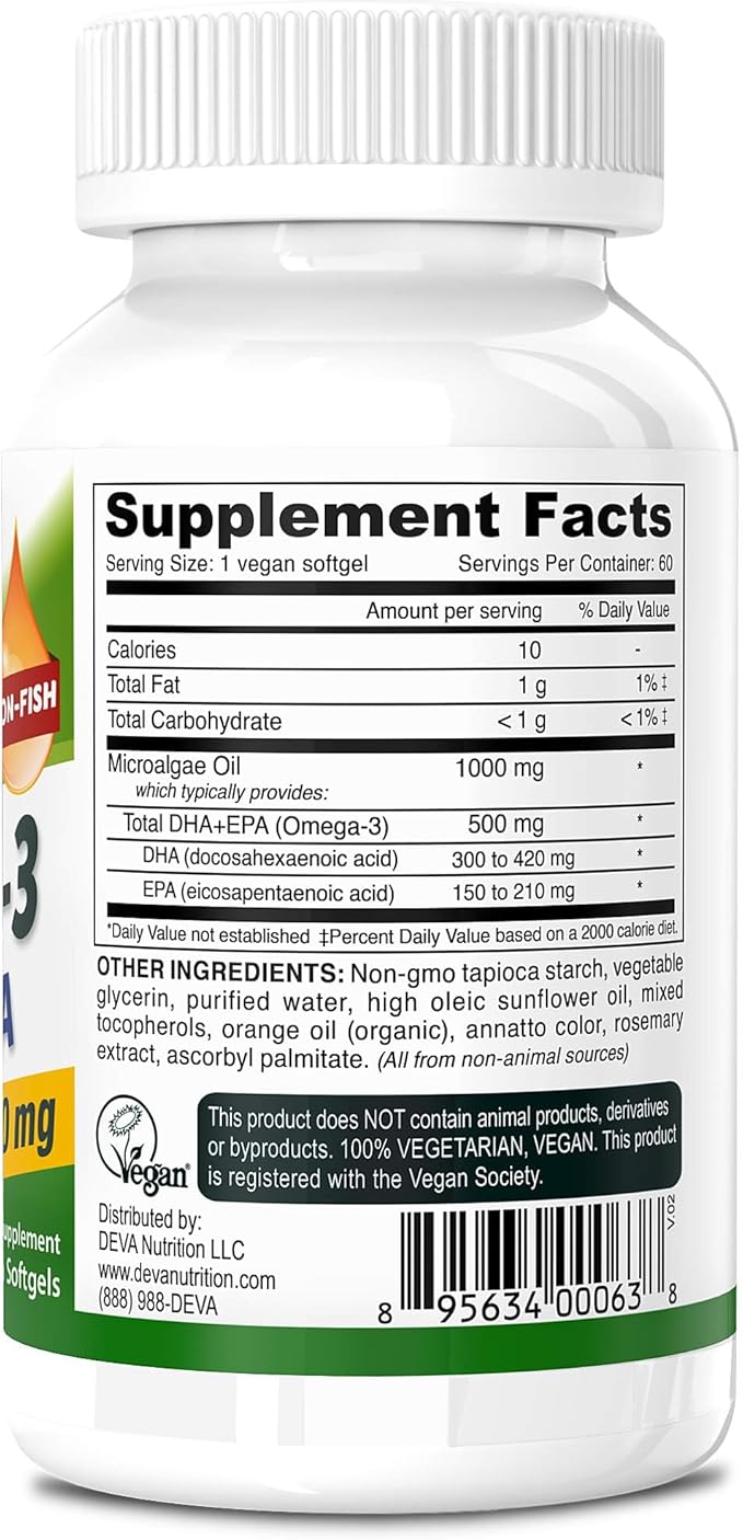 DEVA Vegan Omega-3 DHA EPA Supplement 500 MG Omega-3 Fatty 60 Softgels 2)