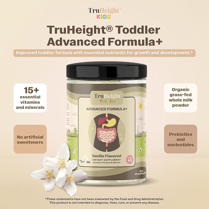 TruHeight Toddler Advanced Formula+ (Vanilla) 16 Vitamins Including C, D, Protein & Iron for 1, 2, 3 Years Old, Pediatric Endorsed Nutritional Drink, Toddler Complete Nutrition 12-36 Months