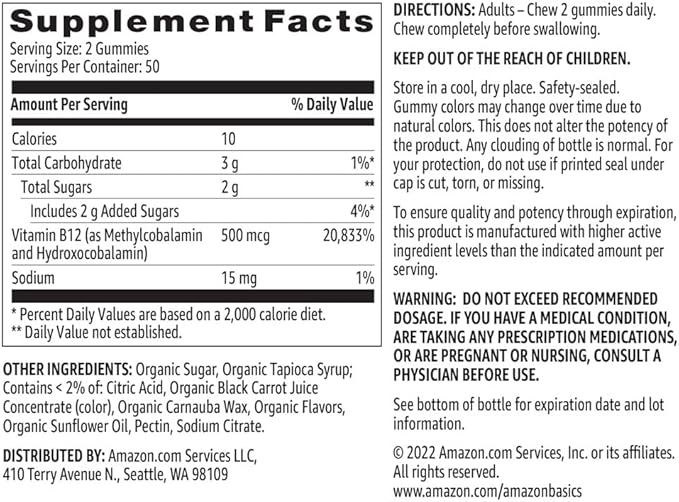 Amazon Basics Vitamin B12 500 mcg Gummies 100 Count (2 per