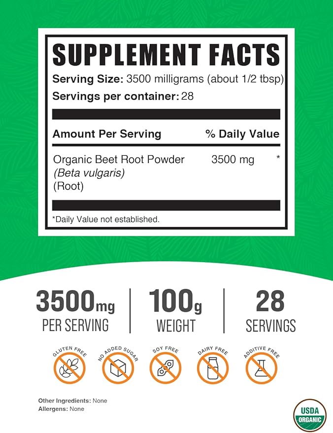 BulkSupplements.com Organic Beet Root Powder - Beet Powder Organic, Beetroot Supplement - Superfood Supplement, Vegan & Gluten Free - 3500mg per Serving, 100g (3.5 oz) (Pack of 1)