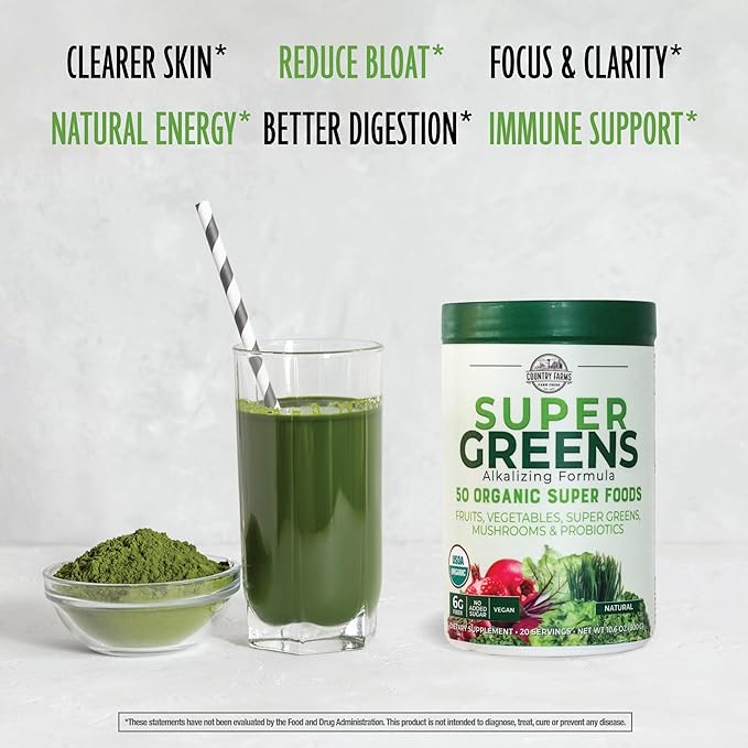 COUNTRY FARMS Super Greens Natural Flavor, 50 Organic 20 Servings, 10.6 Oz