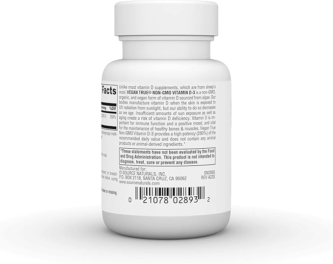 Source Naturals Vegan True, Non-GMO Vitamin D-3, Dietary Supplement for Immune and Bone Health*, 2,000 IU - 30 Capsules
